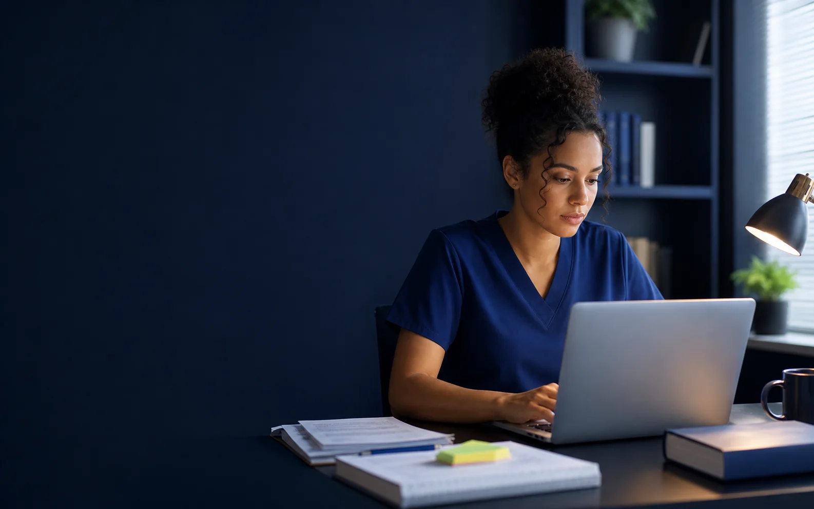Nursing student in navy scrubs studying at a laptop