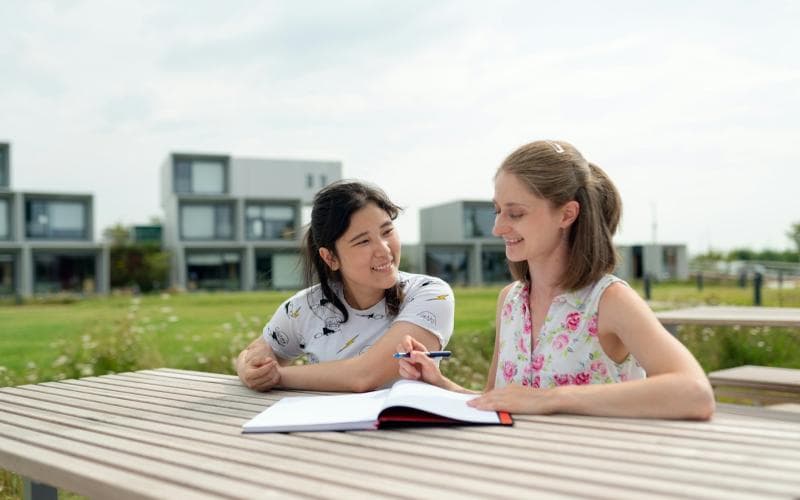 Two nursing students revising together from a notebook on a campus bench